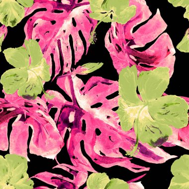 Sulu Boya Dikişsiz desen. El çizimi tropikal yaprak ve çiçek boyalı. Tropic yaz Motif Hibiscus desenli.
