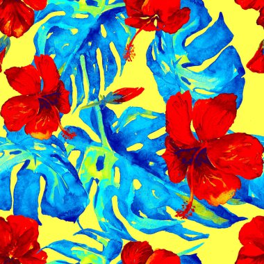 Sulu Boya Dikişsiz desen. El çizimi tropikal yaprak ve çiçek boyalı. Tropic yaz Motif Hibiscus desenli.