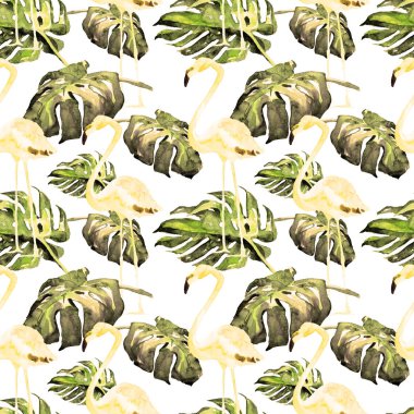 Sulu Boya Dikişsiz desen. El çizimi tropikal yaprak ve çiçek boyalı. Tropic yaz Motif tropik desenli.