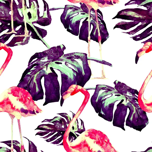 Watercolor Seamless Pattern. Hand Painted Illustration of Tropical Leaves and Flowers. Tropic Summer Motif with Tropical Pattern. — Stock Photo, Image