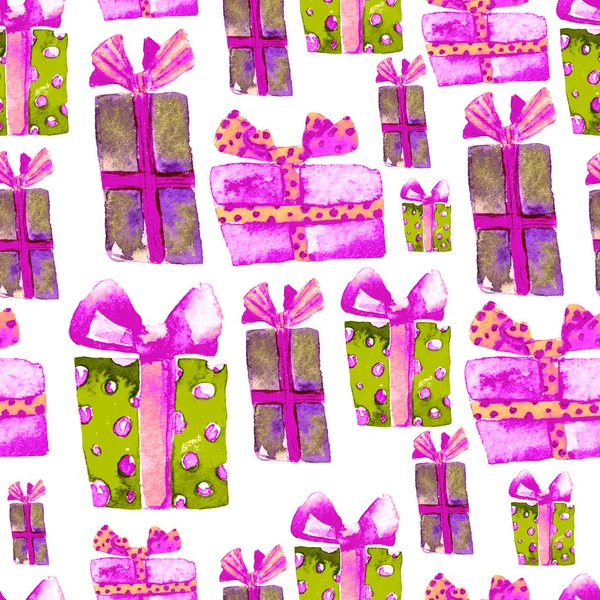 Seamless Pattern with Hand Drawn Watercolor Gifts with Bow. Christmas Background. Party or Birthday Design. Repeatable New Year Pattern. Can be used For Textile Print, Packaging, Wallpaper, Wrapper. — Stock Photo, Image