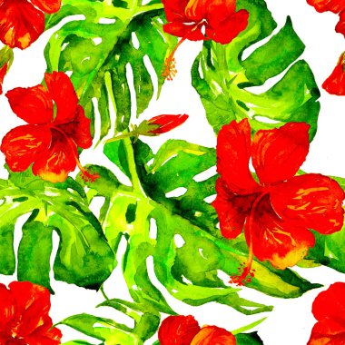 Sulu Boya Dikişsiz desen. El çizimi tropikal yaprak ve çiçek boyalı. Tropic yaz Motif Hibiscus desenli.