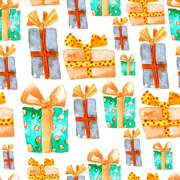 Naadloze patroon met Hand getrokken aquarel geschenken met strik. Kerstmis achtergrond. Partij of verjaardag Design. Herhaalbare Nieuwjaar patroon. Kan worden gebruikt voor textiel Print, verpakking, behang, Wrapper. — Stockfoto
