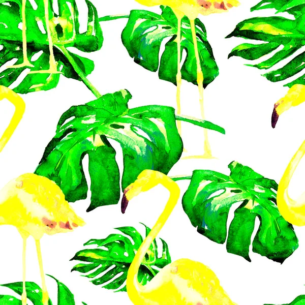 Akvarelu vzor bezešvé. Ručně malované ilustrace tropických listů a květů. Tropic letní motiv s tropickým vzorem. — Stock fotografie