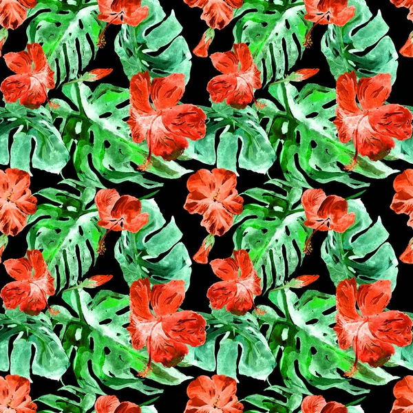 Ακουαρέλα χωρίς ραφή πρότυπο. Χειροποίητη Εικόνα από τροπικά φύλλα και Flowers.Tropic καλοκαίρι μοτίβο με τα της Χαβάης λουλούδια — Φωτογραφία Αρχείου