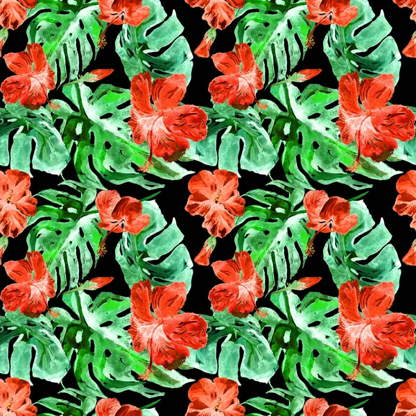 Patrón sin costura de acuarela. Ilustración pintada a mano de hojas y flores tropicales. Motivo tropical de verano con flores hawaianas —  Fotos de Stock