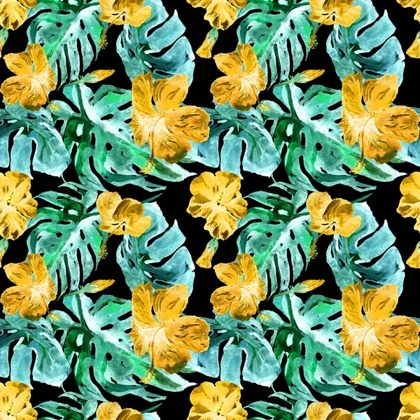 Padrão sem costura aquarela. Ilustração pintada à mão de folhas tropicais e motivos de verão floridos.Tropic com flores havaianas — Fotografia de Stock