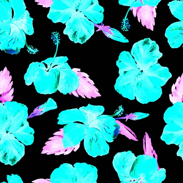 Padrão sem costura aquarela. Ilustração pintada à mão de folhas e flores tropicais. Motivo Trópico de Verão com Padrão de Hibisco . — Fotografia de Stock