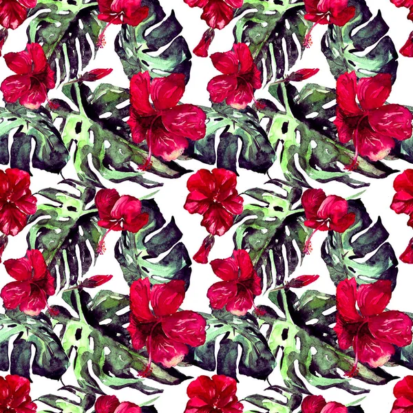 Patrón sin costura de acuarela. Ilustración pintada a mano de hojas y flores tropicales. Motivo tropical de verano con flores hawaianas —  Fotos de Stock