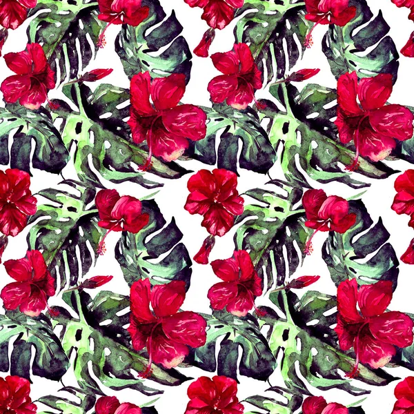  Watercolor Seamless Pattern. Hand Painted Illustration of Tropical Leaves and Flowers.Tropic Summer Motif with Hawaiian Flowers 