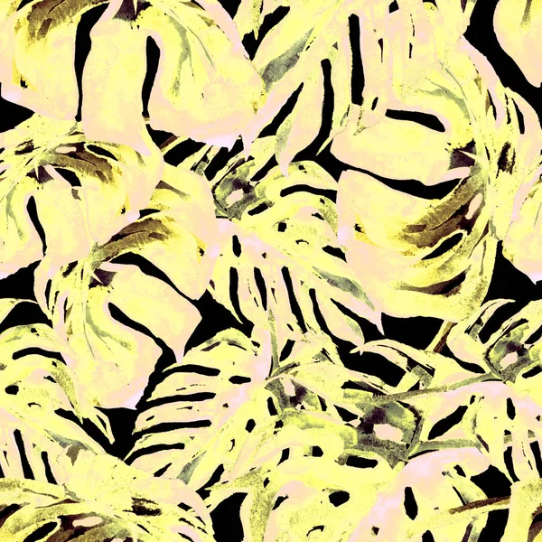 水彩のシームレスなパターン。手描きの熱帯の葉と花のイラスト。モンステラのパターンを持つ熱帯夏モチーフ. — ストック写真