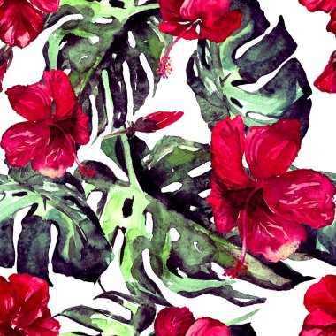 Sulu Boya Dikişsiz desen. El çizimi tropikal yaprak ve çiçek boyalı. Tropic yaz Motif Hibiscus desenli.