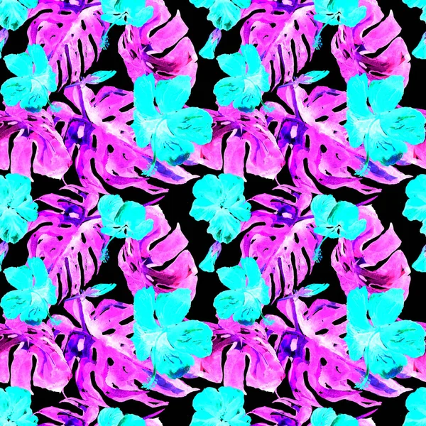 Akwarela bezszwowe wzór. Ręcznie malowane ilustracja tropikalny liści i Flowers.Tropic lato motyw z hawajskie kwiaty — Zdjęcie stockowe
