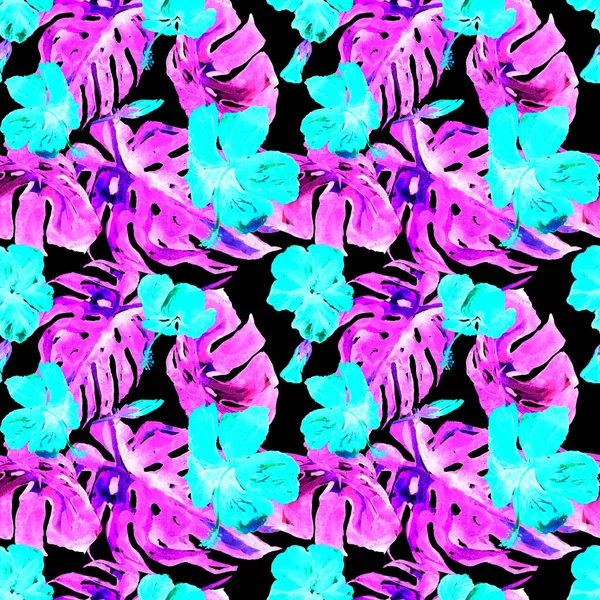  Watercolor Seamless Pattern. Hand Painted Illustration of Tropical Leaves and Flowers.Tropic Summer Motif with Hawaiian Flowers 