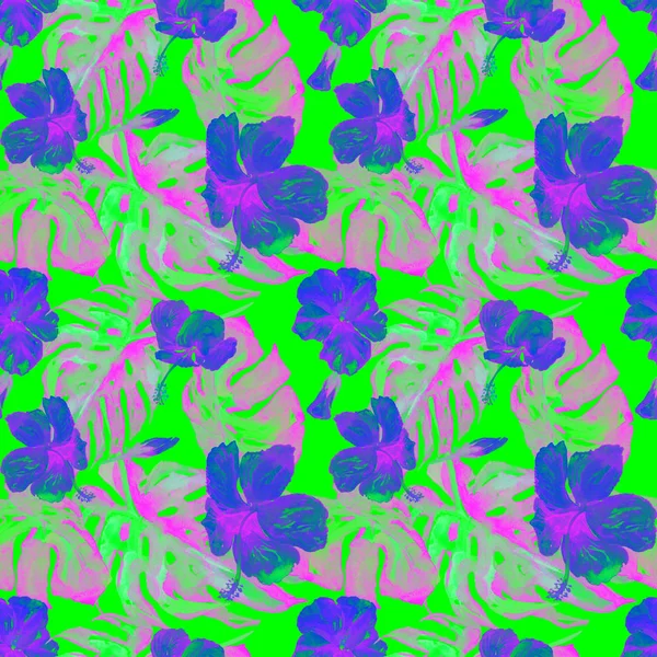 Patrón sin costura de acuarela. Ilustración pintada a mano de hojas y flores tropicales. Motivo tropical de verano con flores hawaianas — Foto de Stock
