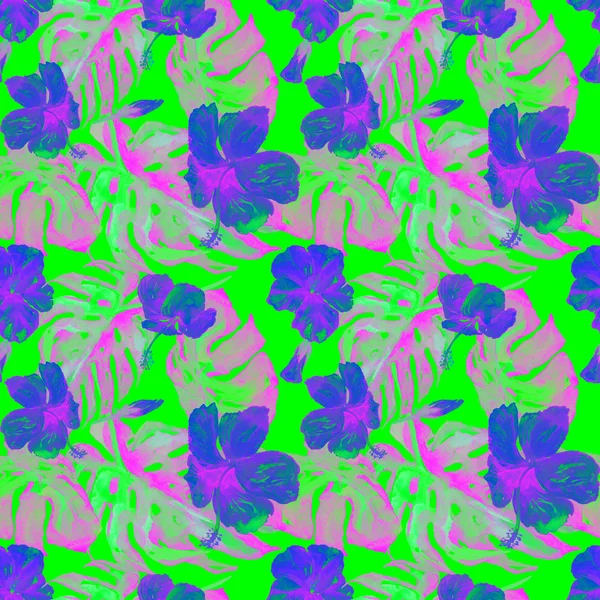  Watercolor Seamless Pattern. Hand Painted Illustration of Tropical Leaves and Flowers.Tropic Summer Motif with Hawaiian Flowers 