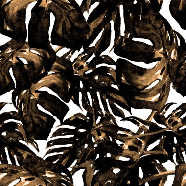 Sulu Boya Dikişsiz desen. El çizimi tropikal yaprak ve çiçek boyalı. Tropic yaz Motif Monstera desenli.