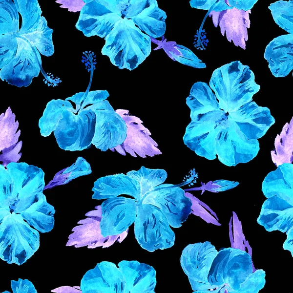 Ακουαρέλα χωρίς ραφή πρότυπο. Χειροποίητη Εικόνα τροπικά φύλλα και λουλούδια. Τροπικός καλοκαίρι μοτίβο με ιβίσκο. — Φωτογραφία Αρχείου