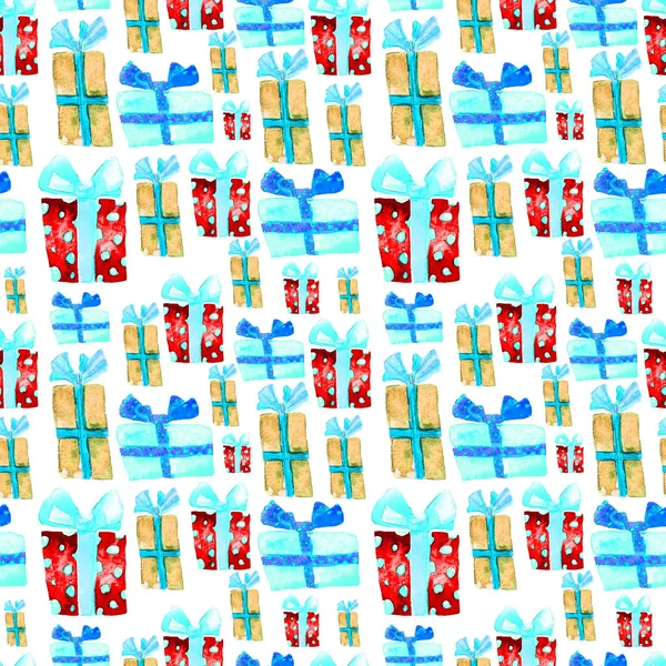 Seamless mönster med Hand dras akvarell gåvor med rosett. Jul bakgrund. Fest eller födelsedag Design. Repeterbara nyår mönster. Kan vara används för textil Print, förpackningar, tapeter, Wrapper. — Stockfoto