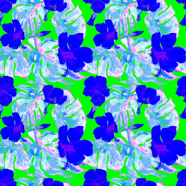 수채화 완벽 한 패턴입니다. 손으로 열 대 잎과 하와이안 꽃 Flowers.Tropic 여름 모티브의 일러스트를 그린 — 스톡 사진