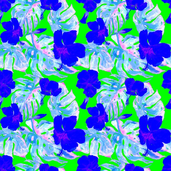 Watercolor Seamless Pattern. Hand Painted Illustration of Tropical Leaves and Flowers.Tropic Summer Motif with Hawaiian Flowers 
