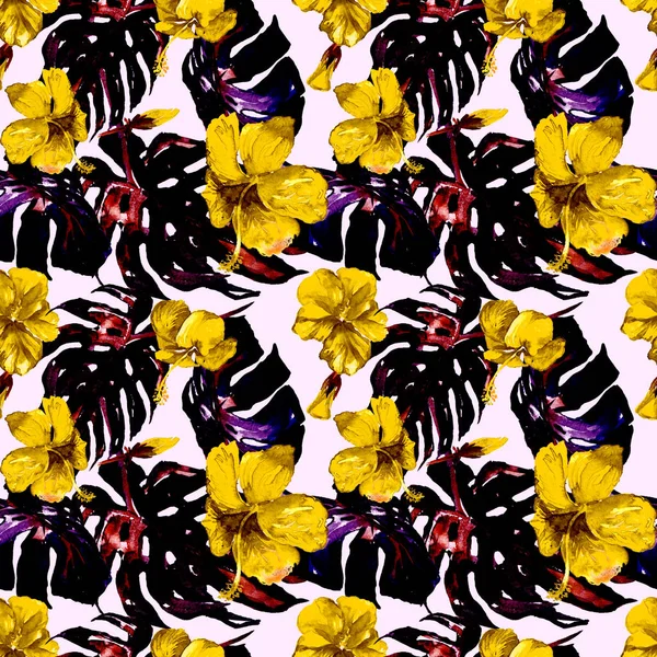  Watercolor Seamless Pattern. Hand Painted Illustration of Tropical Leaves and Flowers.Tropic Summer Motif with Hawaiian Flowers 