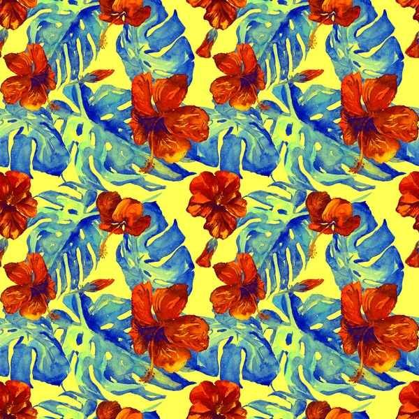 Patrón sin costura de acuarela. Ilustración pintada a mano de hojas y flores tropicales. Motivo tropical de verano con flores hawaianas —  Fotos de Stock