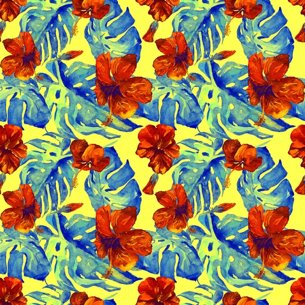  Watercolor Seamless Pattern. Hand Painted Illustration of Tropical Leaves and Flowers.Tropic Summer Motif with Hawaiian Flowers 