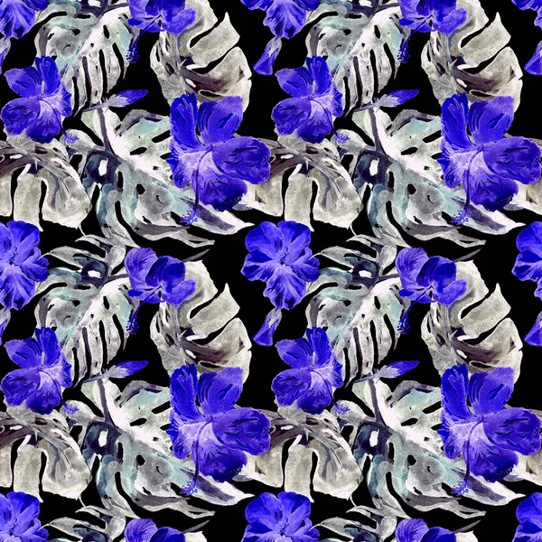  Watercolor Seamless Pattern. Hand Painted Illustration of Tropical Leaves and Flowers.Tropic Summer Motif with Hawaiian Flowers 