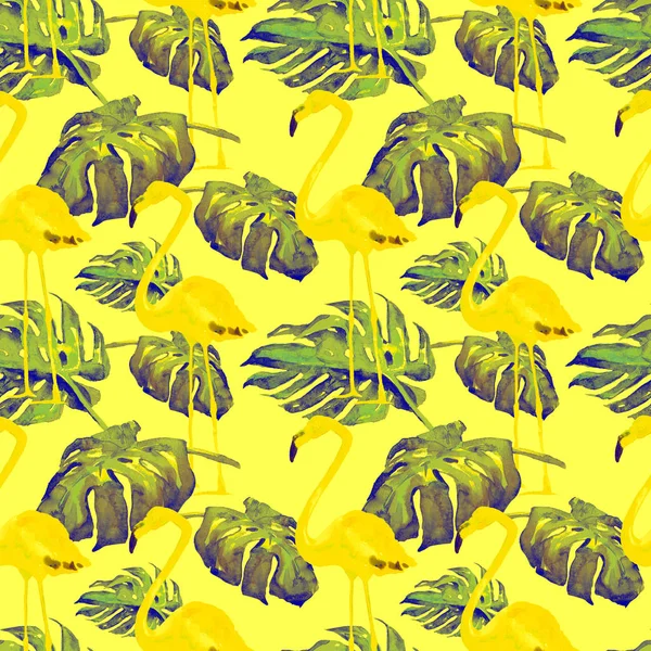 Ακουαρέλα χωρίς ραφή πρότυπο. Χειροποίητη Εικόνα τροπικά φύλλα και λουλούδια. Τροπικός καλοκαίρι μοτίβο με τροπικό μοτίβο. — Φωτογραφία Αρχείου