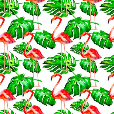 Sulu Boya Dikişsiz desen. El çizimi tropikal yaprak ve çiçek boyalı. Tropic yaz Motif tropik desenli.