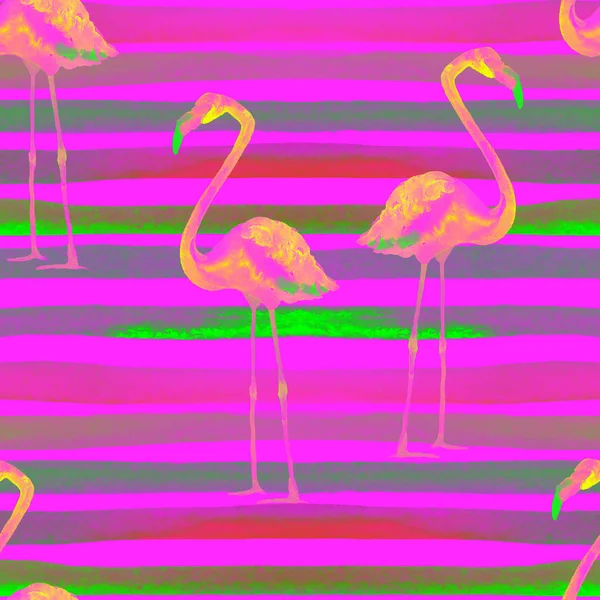 Watercolor Stripes Seamless Pattern with Flamingo. — Stock Photo, Image