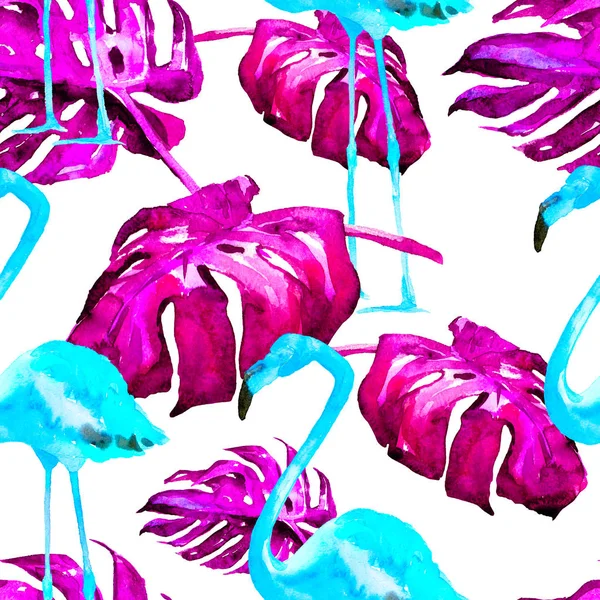 Akvarell Seamless Pattern. Kézzel festett szemlélteti a trópusi levelek és virágok. Tropic nyári motívum trópusi mintával. — Stock Fotó