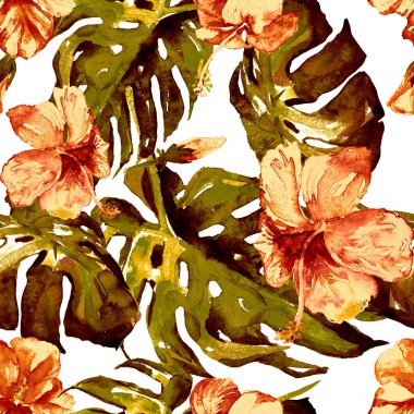 Sulu Boya Dikişsiz desen. El çizimi tropikal yaprak ve çiçek boyalı. Tropic yaz Motif Hibiscus desenli.