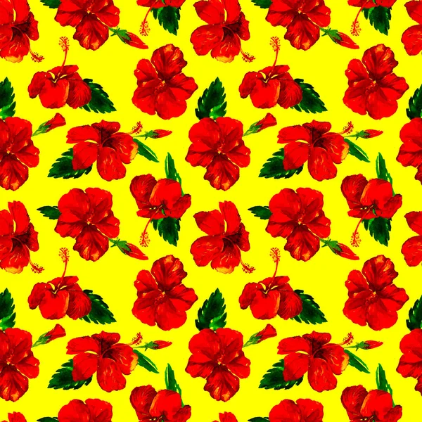 Motif sans couture aquarelle. Illustration peinte à la main de feuilles et fleurs tropicales. Motif d'été tropical avec motif Hibiscus . — Photo