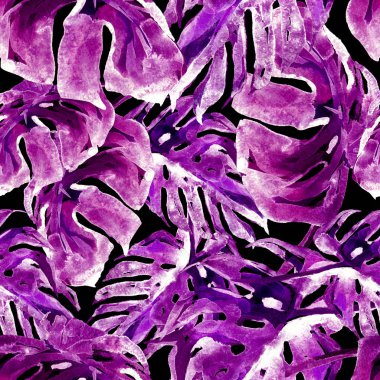 Sulu Boya Dikişsiz desen. El çizimi tropikal yaprak ve çiçek boyalı. Tropic yaz Motif Monstera desenli.