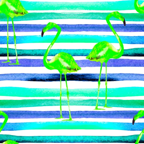 Watercolor Stripes Seamless Pattern with Flamingo. — Stock Photo, Image