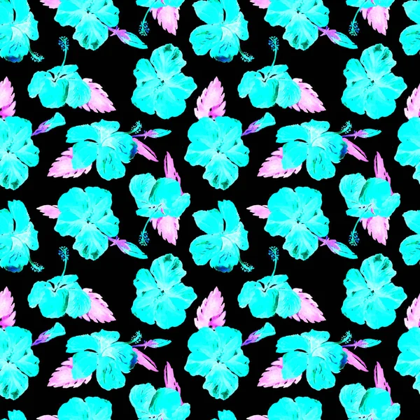Akwarela bezszwowe wzór. Ręcznie malowane ilustracja tropikalny liści i kwiatów. Zwrotnik lato motyw z hibiskusa wzór. — Zdjęcie stockowe
