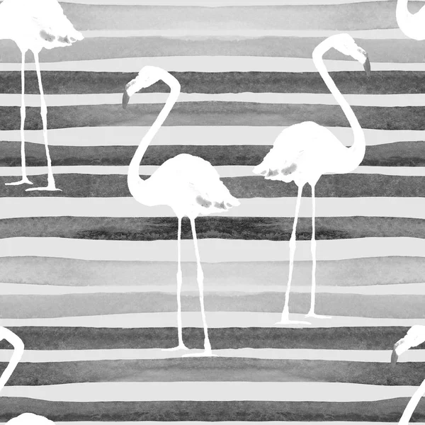 Watercolor Stripes Seamless Pattern with Flamingo. — Stock Photo, Image