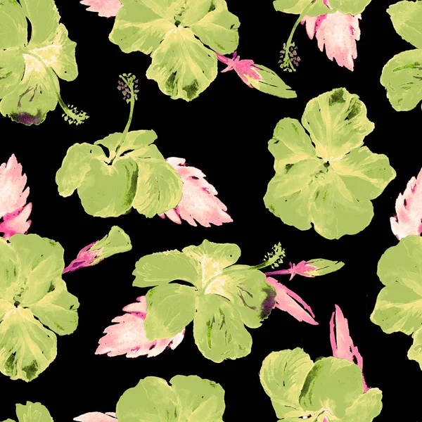 Acquerello modello senza soluzione di continuità. Illustrazione dipinta a mano di foglie e fiori tropicali. Motivo estivo tropicale con motivo Hibiscus . — Foto Stock
