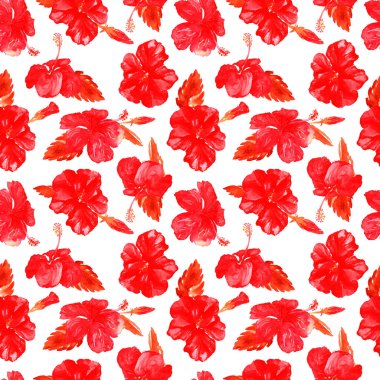 Sulu Boya Dikişsiz desen. El çizimi tropikal yaprak ve çiçek boyalı. Tropic yaz Motif Hibiscus desenli.