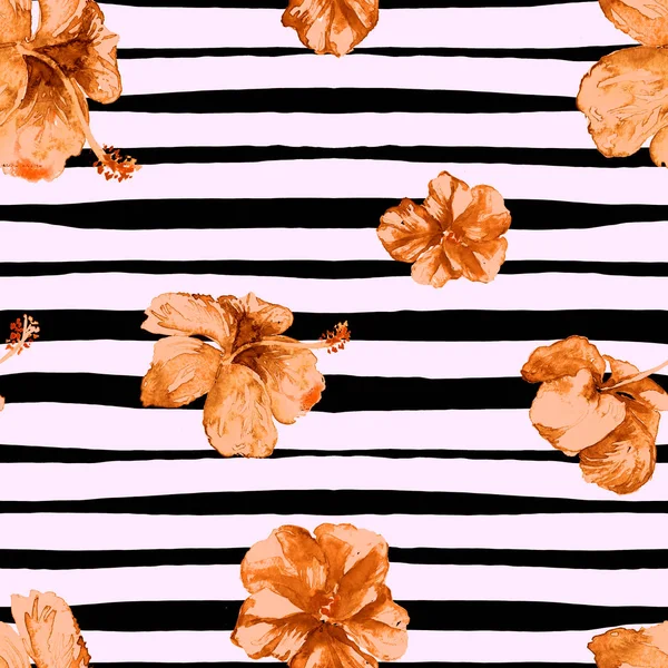 Hibiscus Seamless Pattern with Lines. — Stock Photo, Image