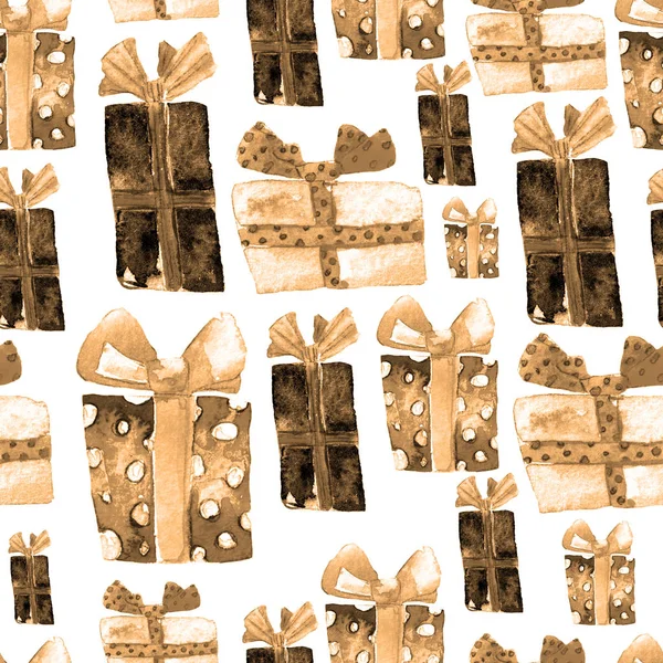 Wzór z ręcznie rysowane akwarela prezenty z kokardą. Boże Narodzenie tła. Strona lub urodziny. Wzór powtarzalny nowy rok. Mogą być używane dla druk na tkaninie, opakowania, tapeta i otoki. — Zdjęcie stockowe