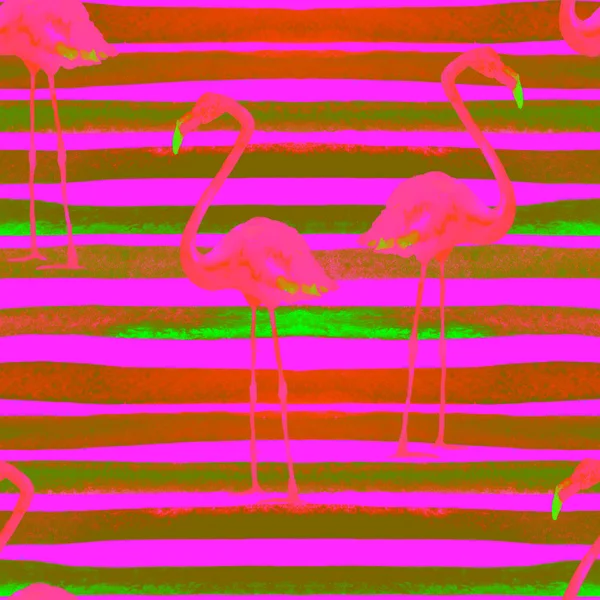 Aquarellstreifen nahtloses Muster mit Flamingo. — Stockfoto