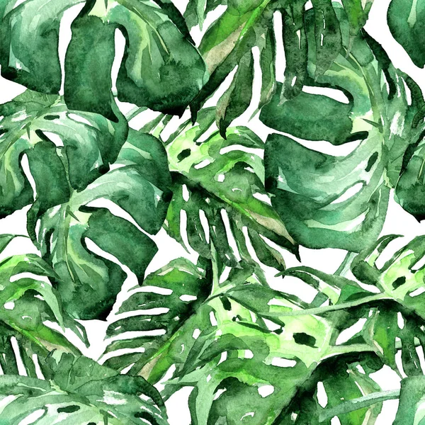 Patrón sin costura de acuarela. Ilustración pintada a mano de hojas y flores tropicales. Motivo de verano tropical con patrón de Monstera . — Foto de Stock