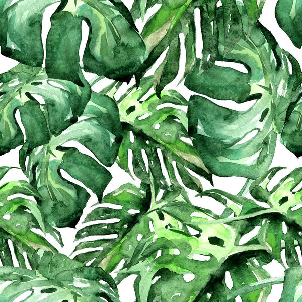 Watercolor Seamless Pattern. Hand Painted Illustration of Tropical Leaves and Flowers. Tropic Summer Motif with Monstera Pattern.