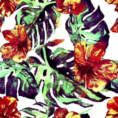 Sulu Boya Dikişsiz desen. El çizimi tropikal yaprak ve çiçek boyalı. Tropic yaz Motif Hibiscus desenli.