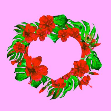  Egzotik çiçek ve yaprakları sınır kalp.