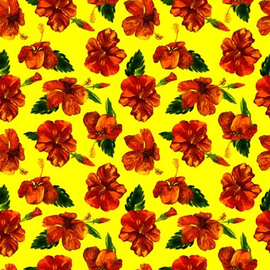 Sulu Boya Dikişsiz desen. El çizimi tropikal yaprak ve çiçek boyalı. Tropic yaz Motif Hibiscus desenli.
