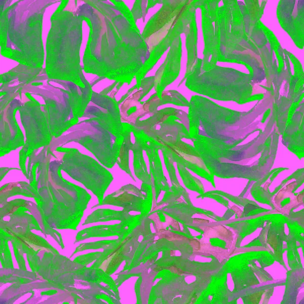 水彩のシームレスなパターン。手描きの熱帯の葉と花のイラスト。モンステラのパターンを持つ熱帯夏モチーフ. — ストック写真